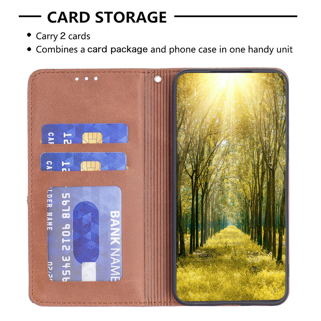 Card Holder PU Leather Stand Case for iPhone 15 Plus , Imprinted Line Phone Cover - Brown