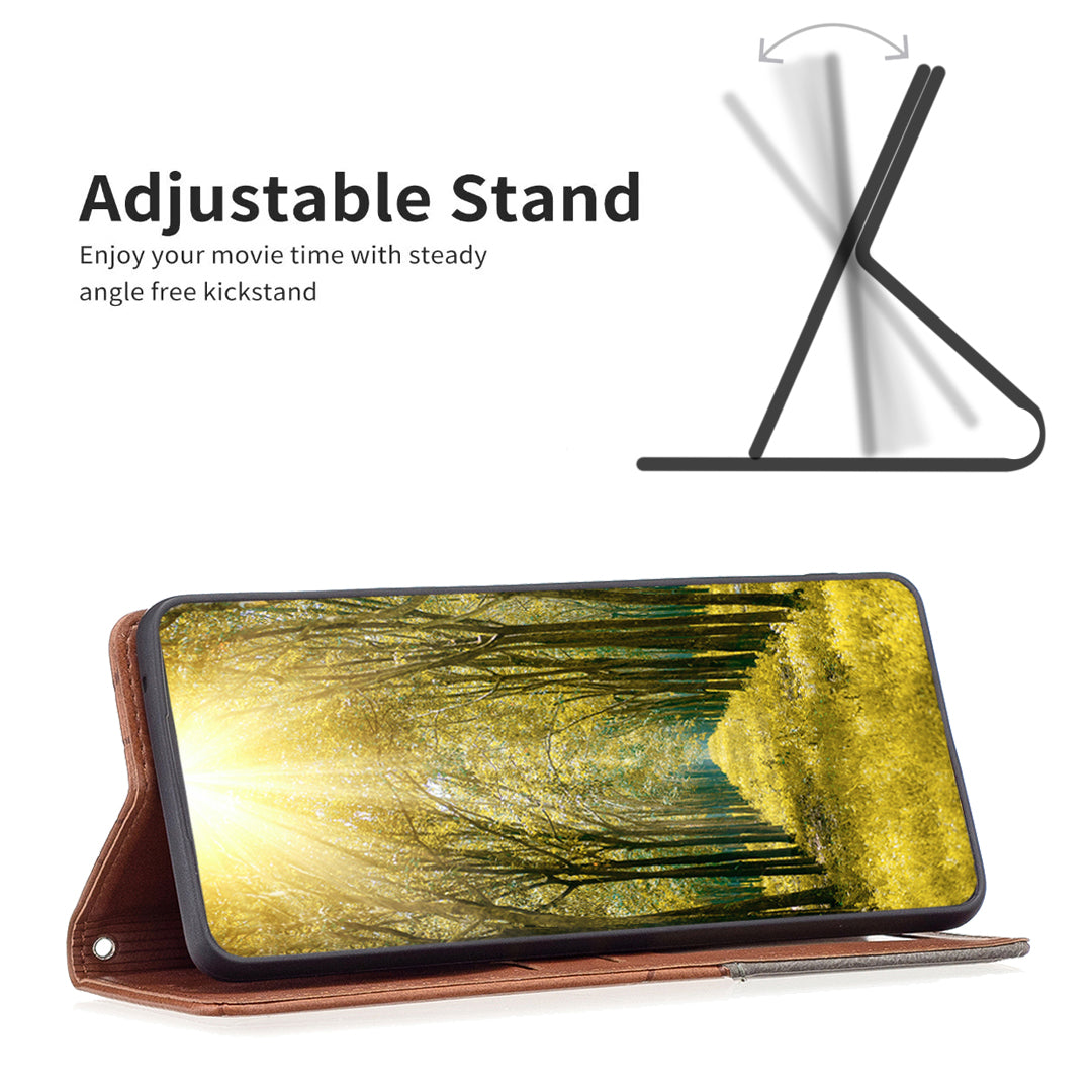 Card Holder PU Leather Stand Case for iPhone 15 Plus , Imprinted Line Phone Cover - Brown