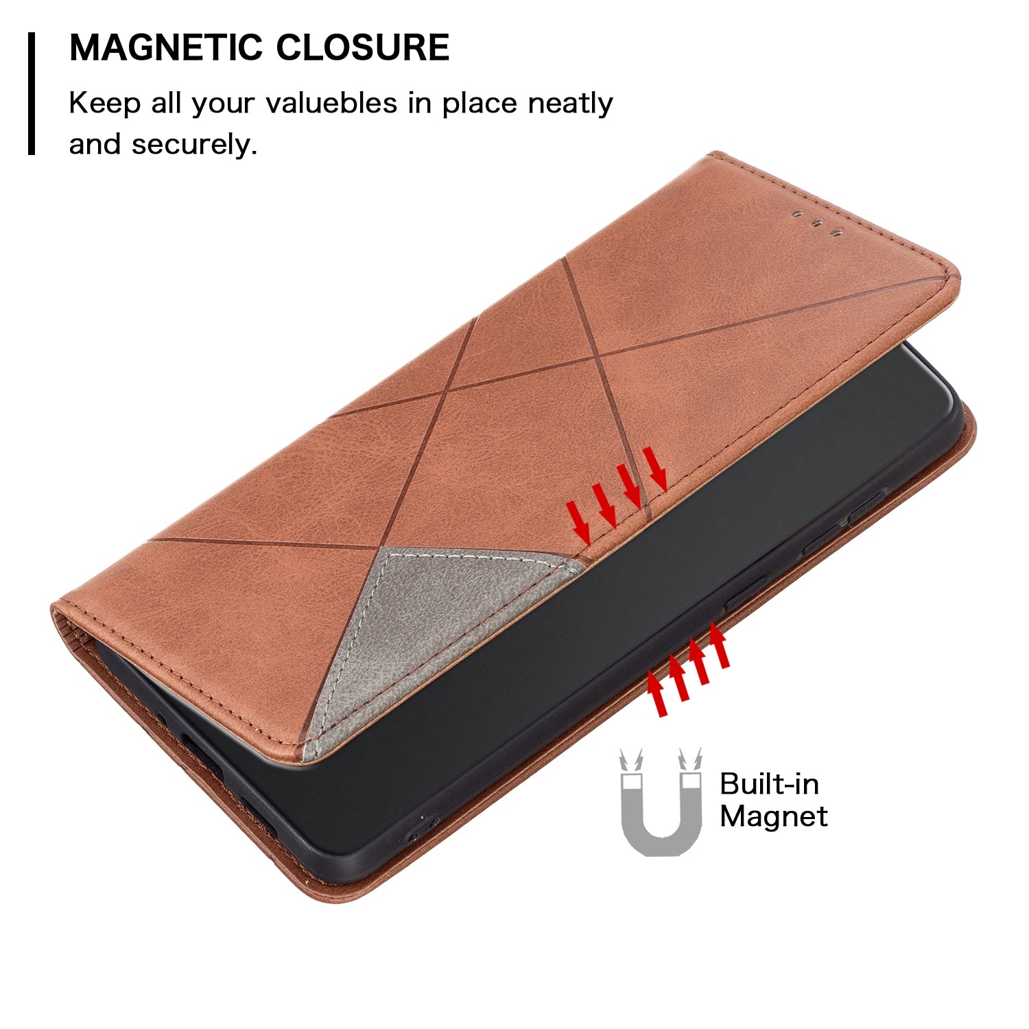 Card Holder PU Leather Stand Case for iPhone 15 Plus , Imprinted Line Phone Cover - Brown
