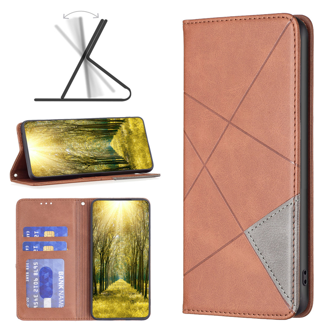 Card Holder PU Leather Stand Case for iPhone 15 Plus , Imprinted Line Phone Cover - Brown
