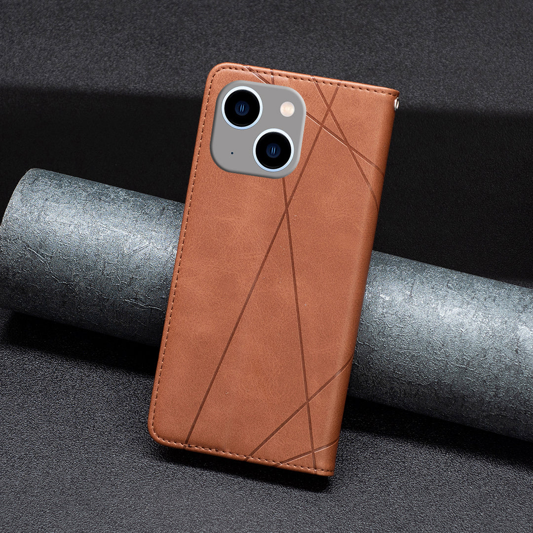 Card Holder PU Leather Stand Case for iPhone 15 Plus , Imprinted Line Phone Cover - Brown