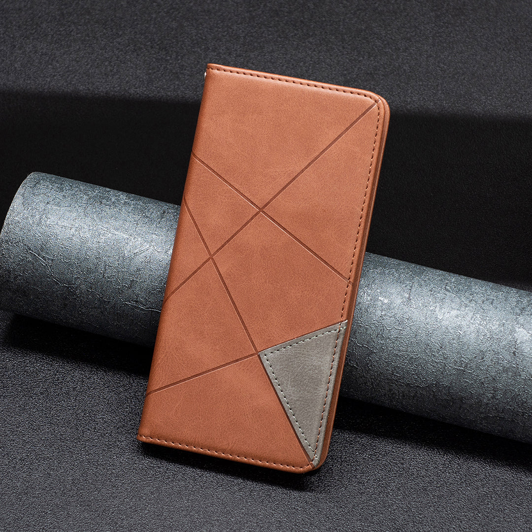 Card Holder PU Leather Stand Case for iPhone 15 Plus , Imprinted Line Phone Cover - Brown