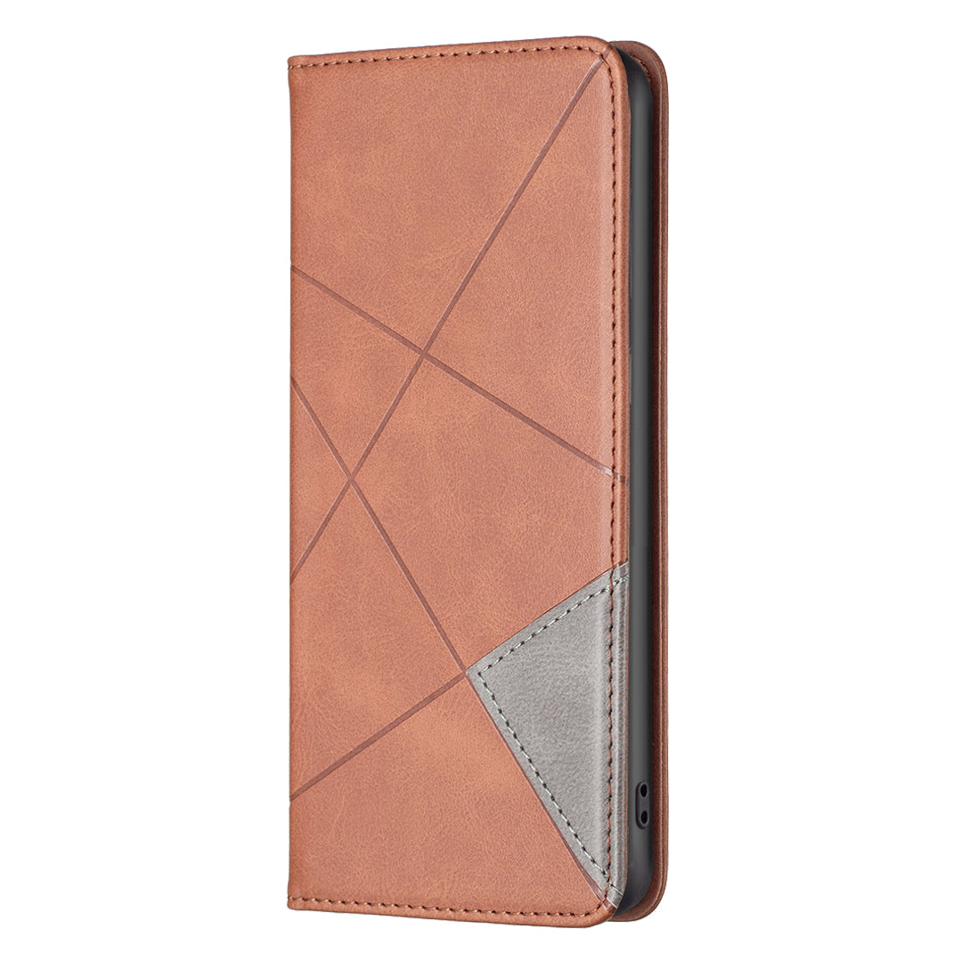 Card Holder PU Leather Stand Case for iPhone 15 Plus , Imprinted Line Phone Cover - Brown