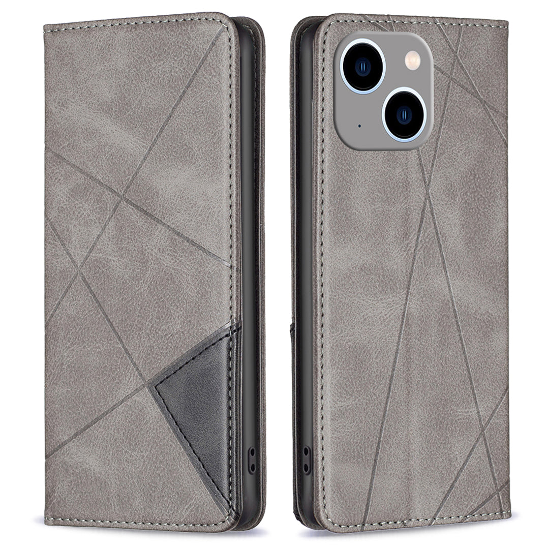 Card Holder PU Leather Stand Case for iPhone 15 Plus , Imprinted Line Phone Cover - Grey