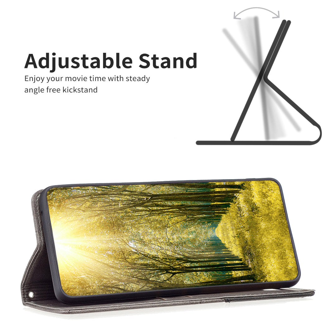 Card Holder PU Leather Stand Case for iPhone 15 Plus , Imprinted Line Phone Cover - Grey