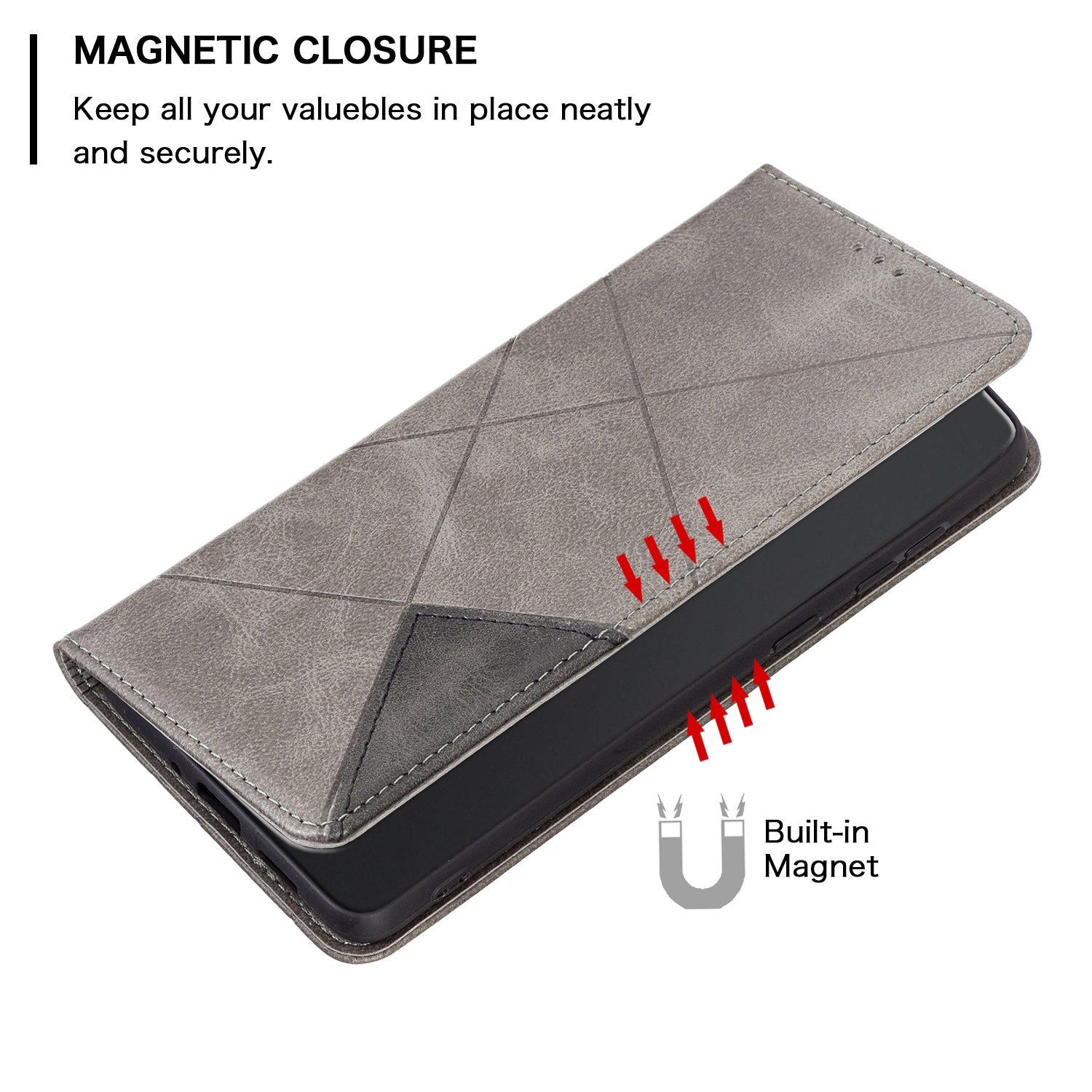 Card Holder PU Leather Stand Case for iPhone 15 Plus , Imprinted Line Phone Cover - Grey