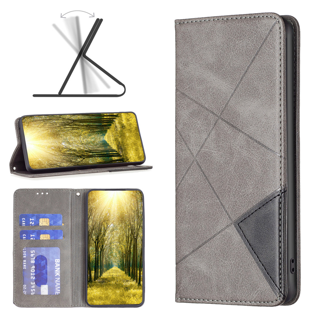 Card Holder PU Leather Stand Case for iPhone 15 Plus , Imprinted Line Phone Cover - Grey