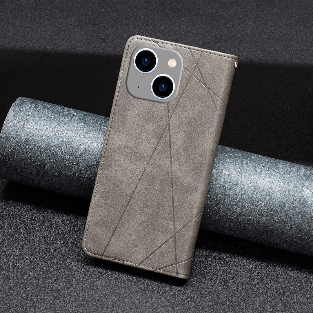 Card Holder PU Leather Stand Case for iPhone 15 Plus , Imprinted Line Phone Cover - Grey