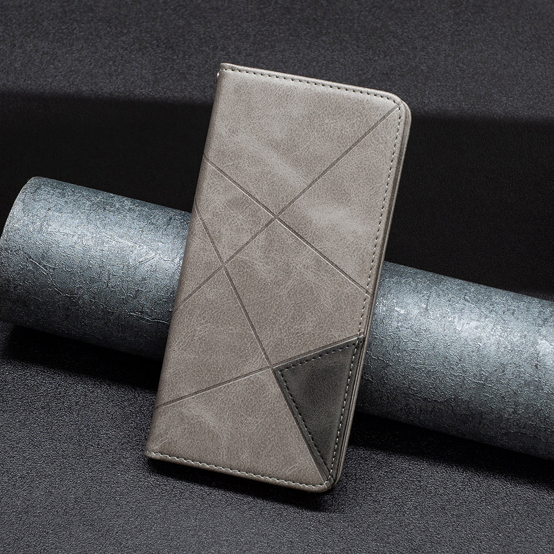 Card Holder PU Leather Stand Case for iPhone 15 Plus , Imprinted Line Phone Cover - Grey
