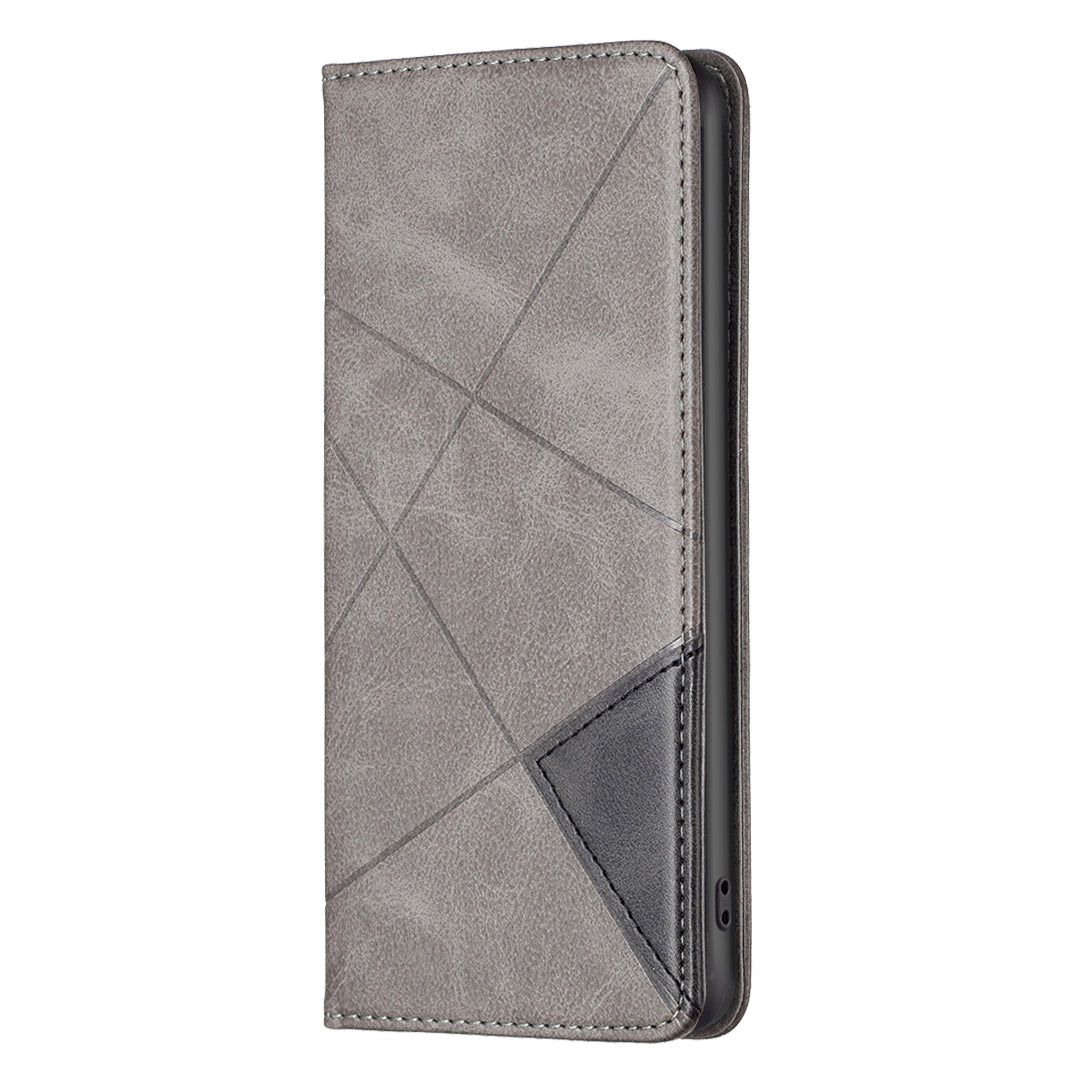 Card Holder PU Leather Stand Case for iPhone 15 Plus , Imprinted Line Phone Cover - Grey