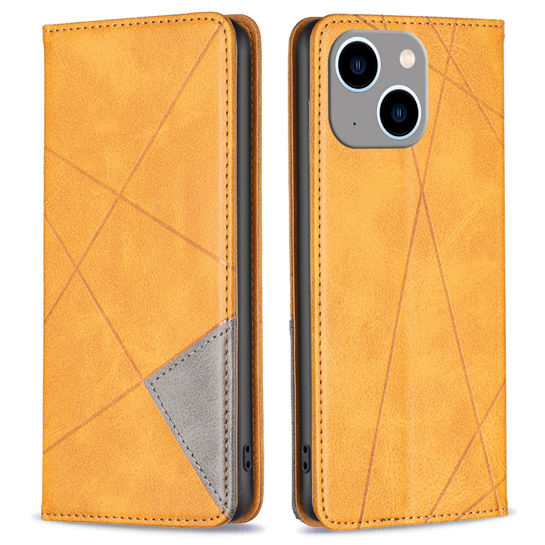 Card Holder PU Leather Stand Case for iPhone 15 Plus , Imprinted Line Phone Cover - Yellow