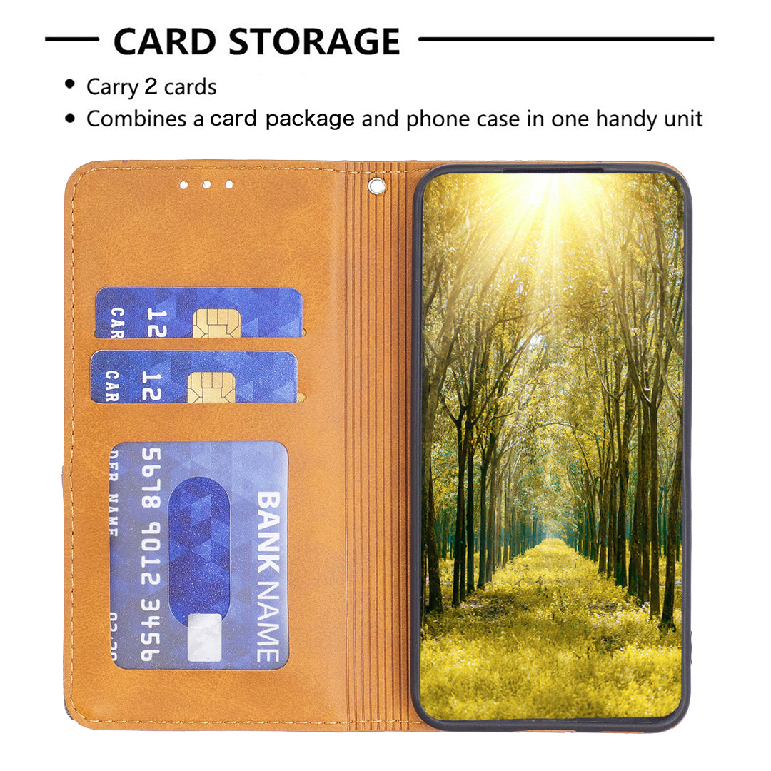 Card Holder PU Leather Stand Case for iPhone 15 Plus , Imprinted Line Phone Cover - Yellow
