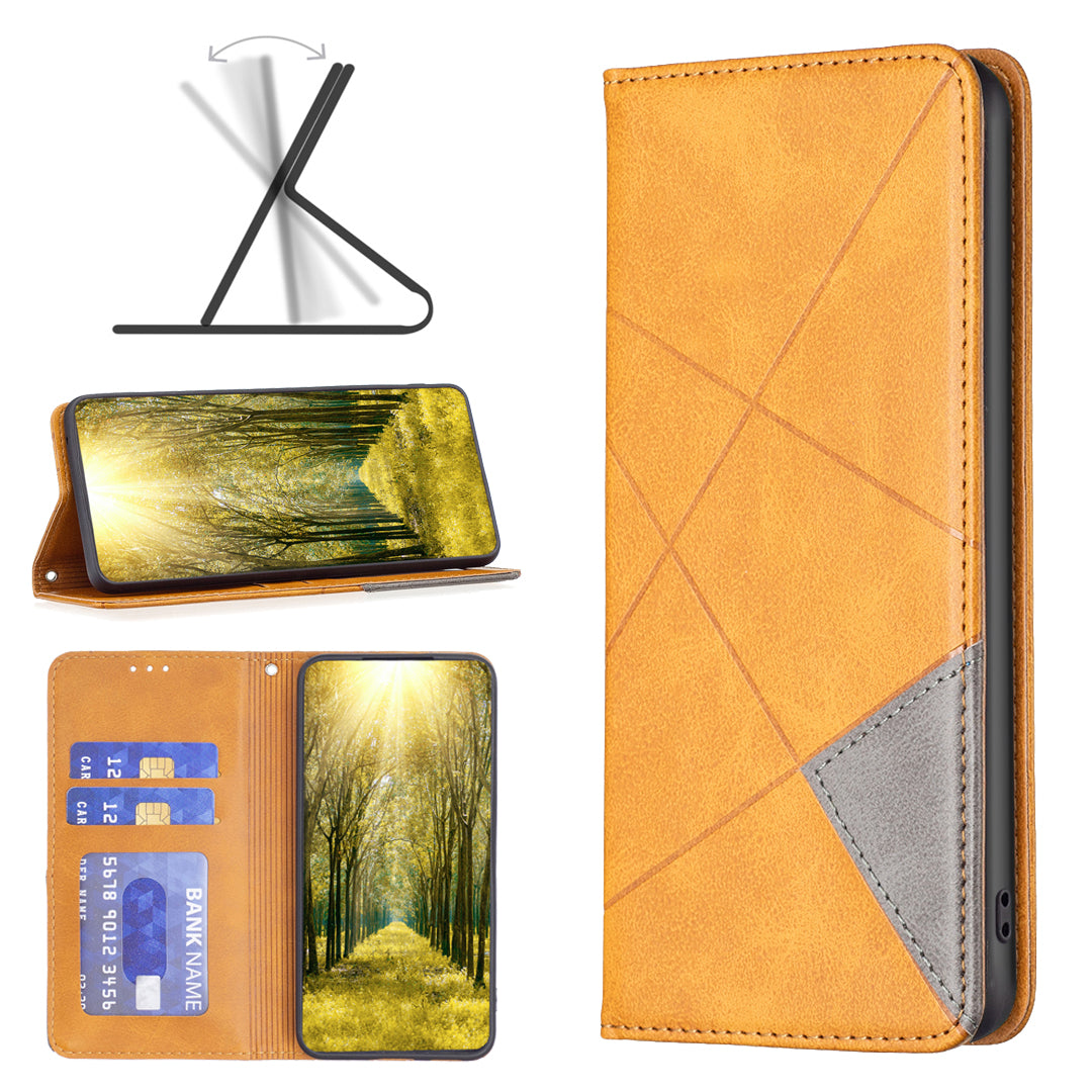 Card Holder PU Leather Stand Case for iPhone 15 Plus , Imprinted Line Phone Cover - Yellow