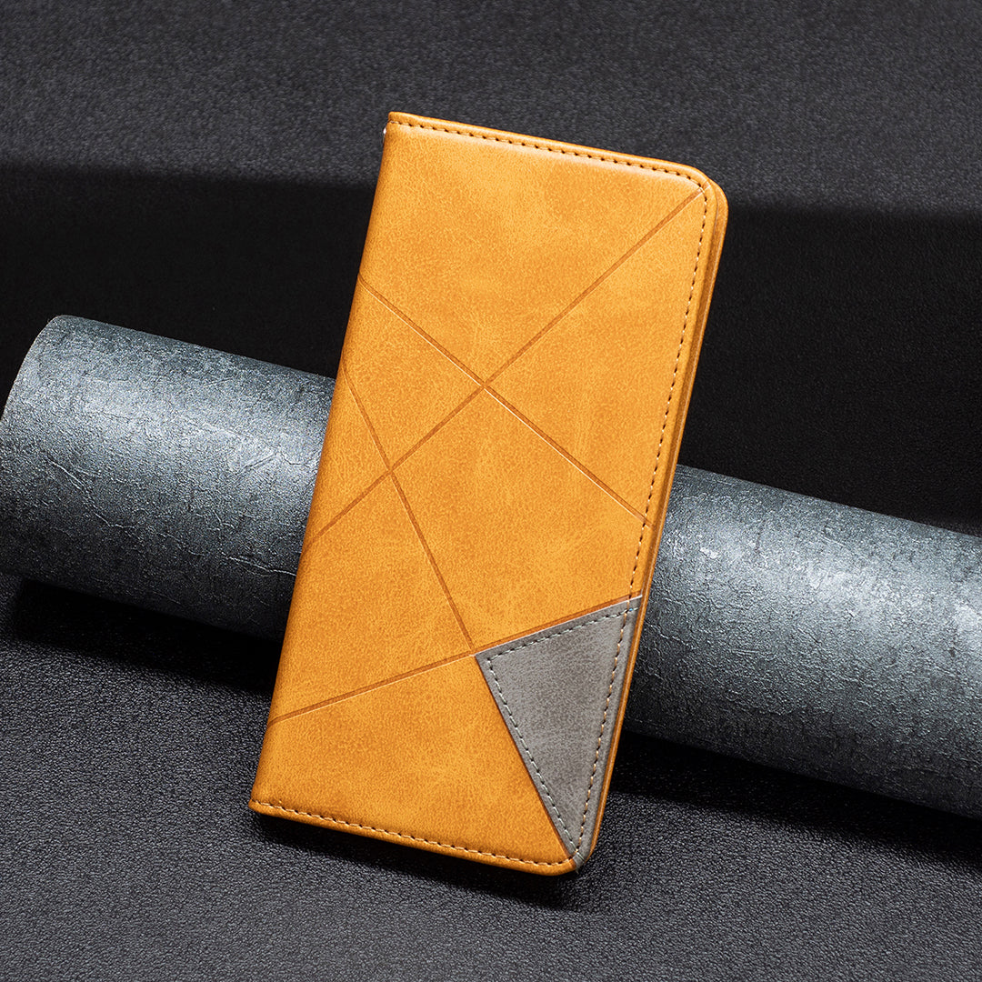 Card Holder PU Leather Stand Case for iPhone 15 Plus , Imprinted Line Phone Cover - Yellow