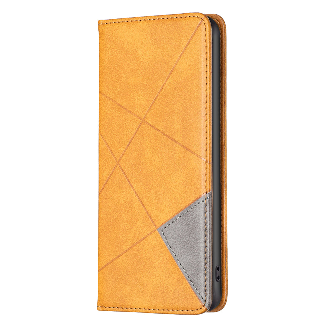 Card Holder PU Leather Stand Case for iPhone 15 Plus , Imprinted Line Phone Cover - Yellow