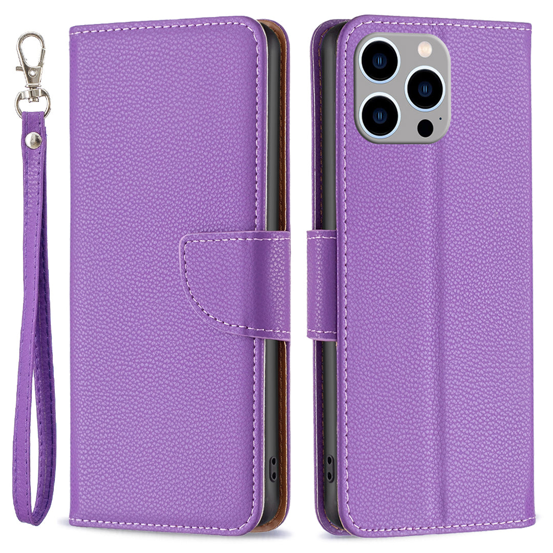 Uniqkart for iPhone 15 Pro Max Wallet PU Leather Case Litchi Texture Stand Anti-drop Phone Cover with Strap - Purple