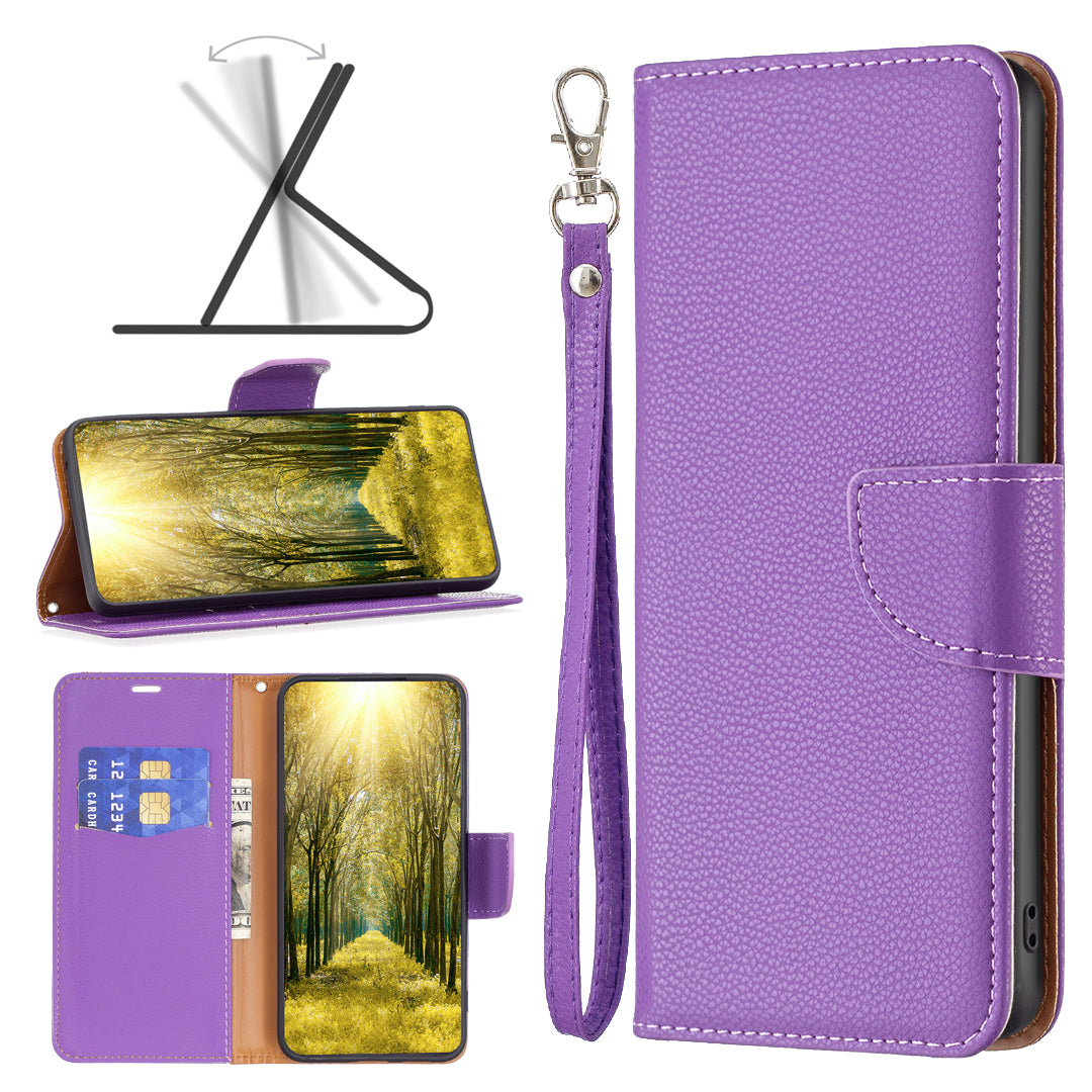 Uniqkart for iPhone 15 Pro Max Wallet PU Leather Case Litchi Texture Stand Anti-drop Phone Cover with Strap - Purple