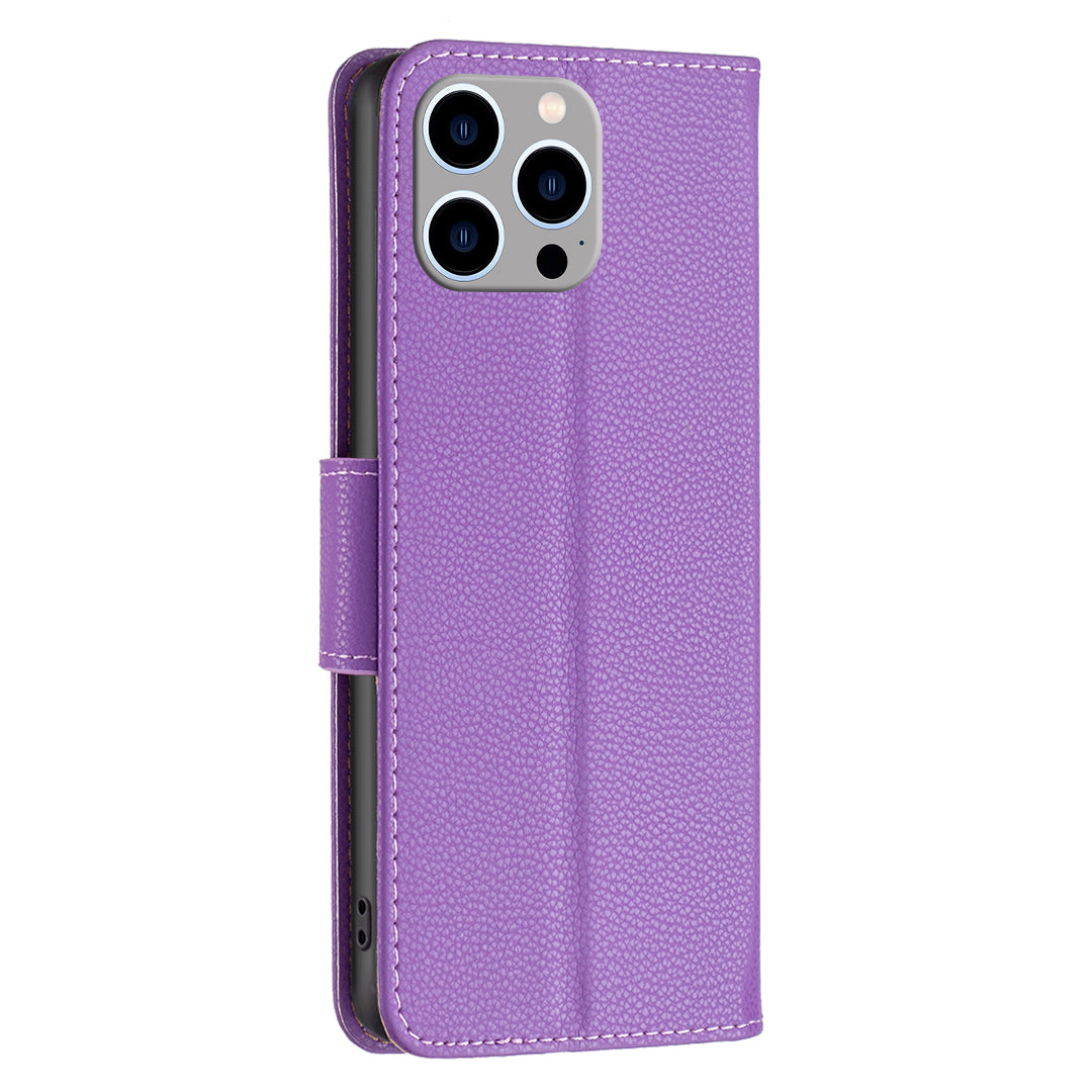Uniqkart for iPhone 15 Pro Max Wallet PU Leather Case Litchi Texture Stand Anti-drop Phone Cover with Strap - Purple
