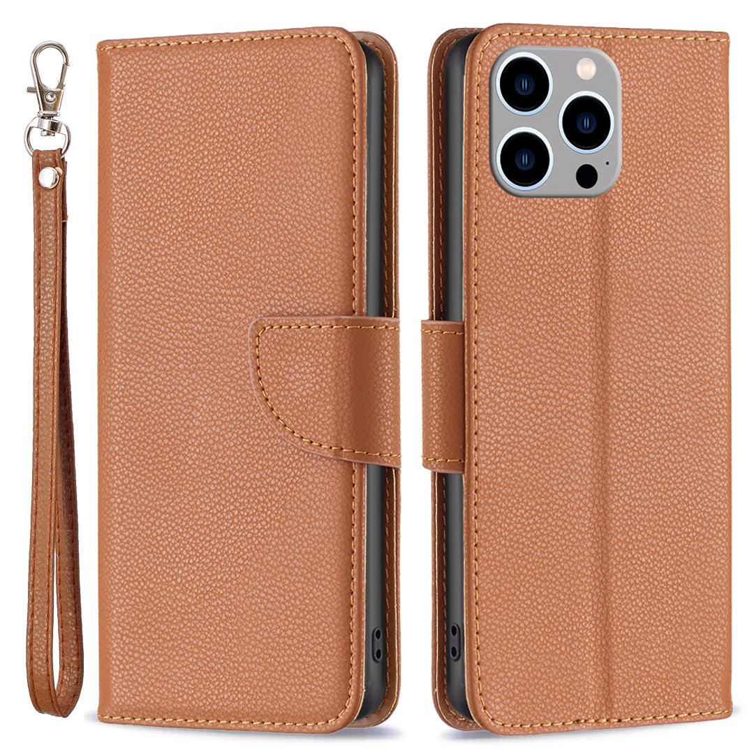 Uniqkart for iPhone 15 Pro Max Wallet PU Leather Case Litchi Texture Stand Anti-drop Phone Cover with Strap - Brown