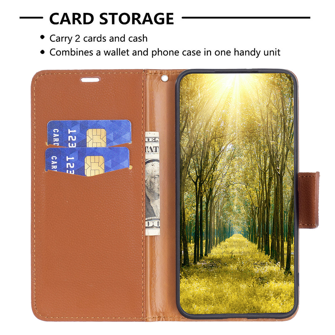 Uniqkart for iPhone 15 Pro Max Wallet PU Leather Case Litchi Texture Stand Anti-drop Phone Cover with Strap - Brown