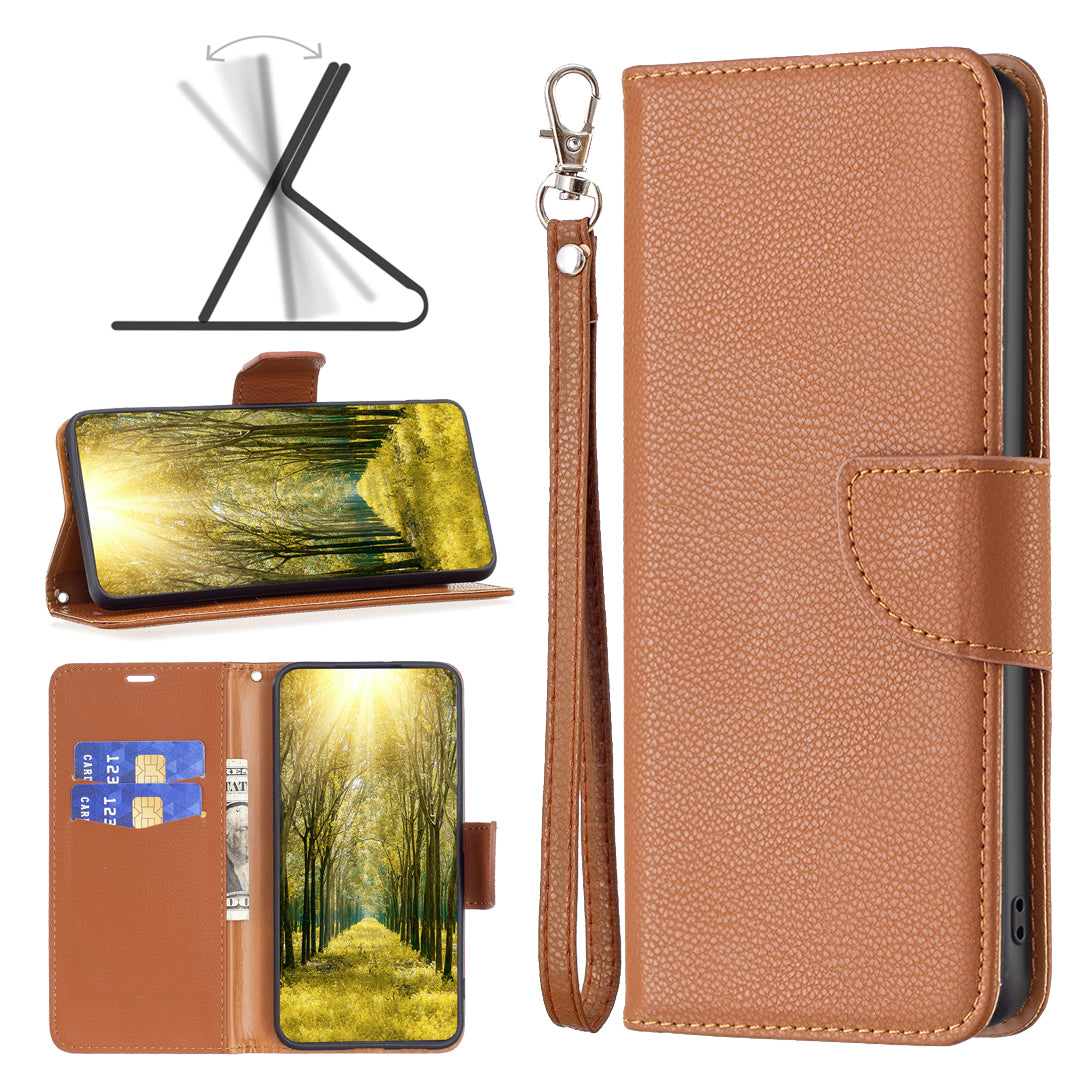 Uniqkart for iPhone 15 Pro Max Wallet PU Leather Case Litchi Texture Stand Anti-drop Phone Cover with Strap - Brown
