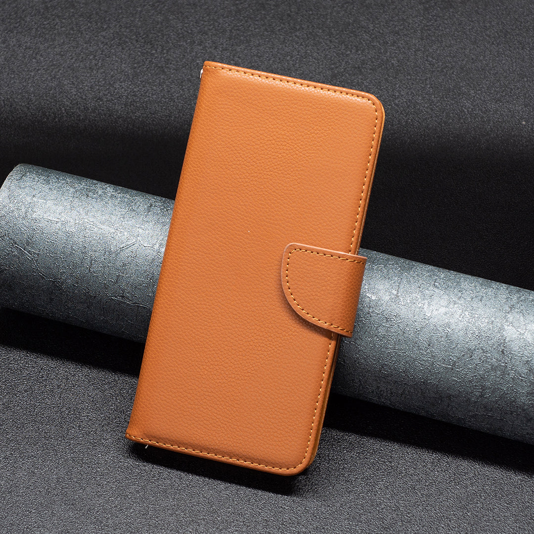 Uniqkart for iPhone 15 Pro Max Wallet PU Leather Case Litchi Texture Stand Anti-drop Phone Cover with Strap - Brown