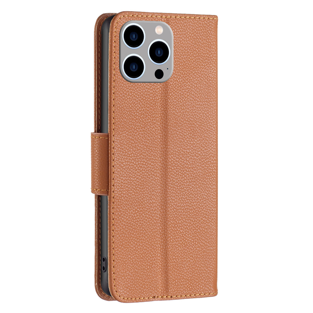 Uniqkart for iPhone 15 Pro Max Wallet PU Leather Case Litchi Texture Stand Anti-drop Phone Cover with Strap - Brown