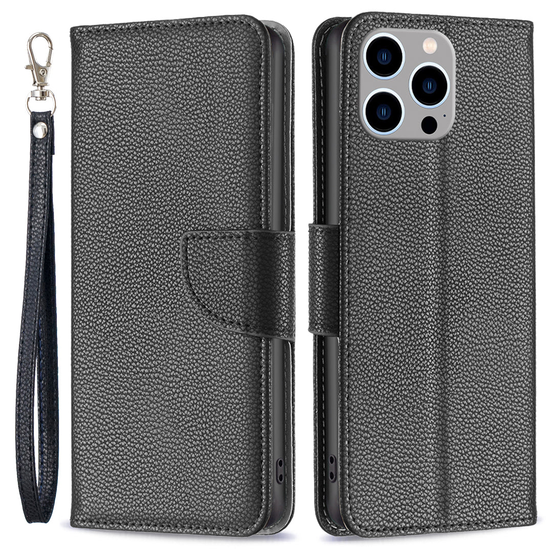 Uniqkart for iPhone 15 Pro Max Wallet PU Leather Case Litchi Texture Stand Anti-drop Phone Cover with Strap - Black