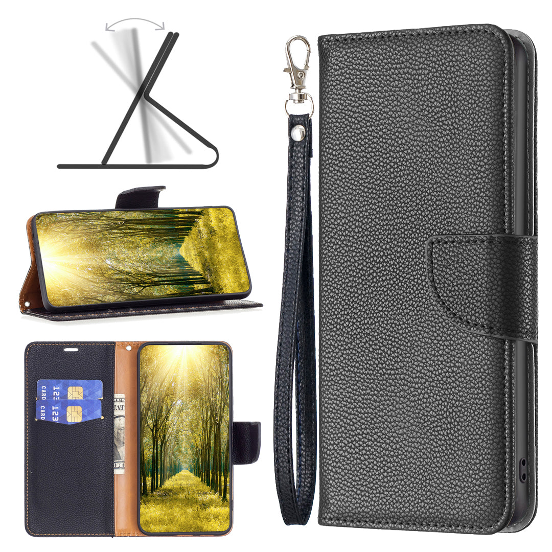 Uniqkart for iPhone 15 Pro Max Wallet PU Leather Case Litchi Texture Stand Anti-drop Phone Cover with Strap - Black