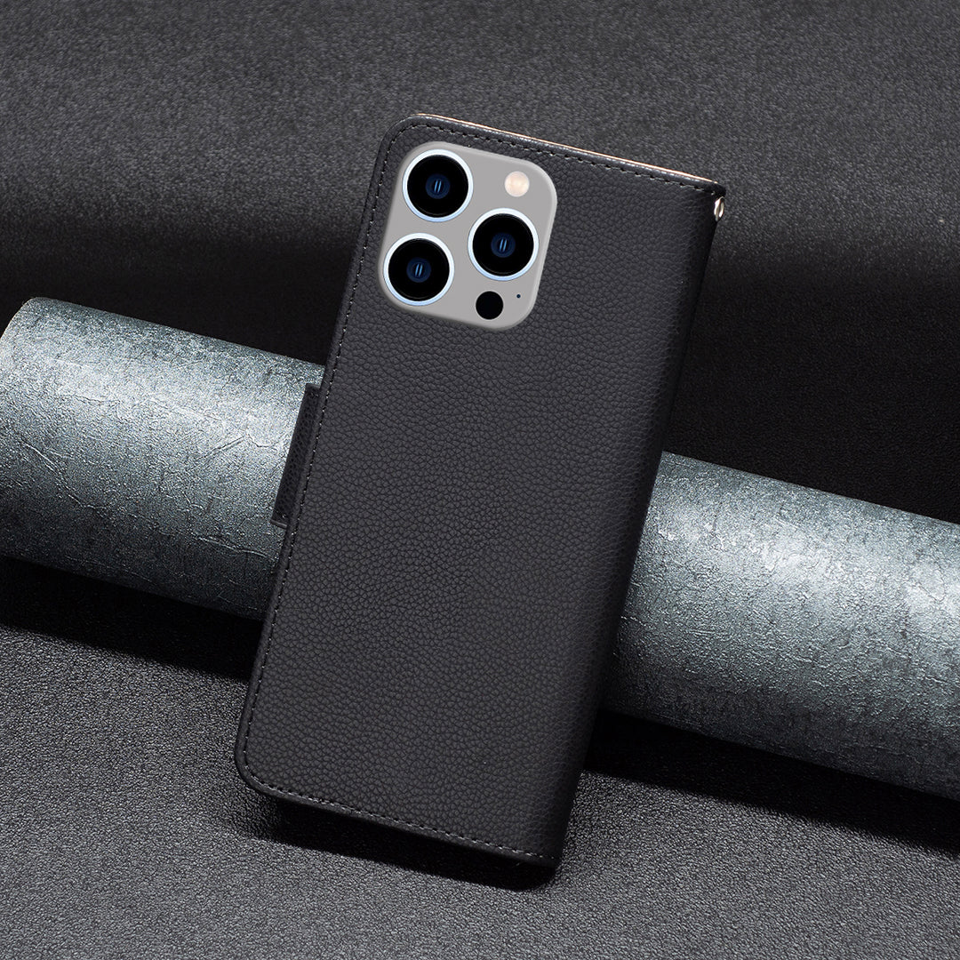 Uniqkart for iPhone 15 Pro Max Wallet PU Leather Case Litchi Texture Stand Anti-drop Phone Cover with Strap - Black