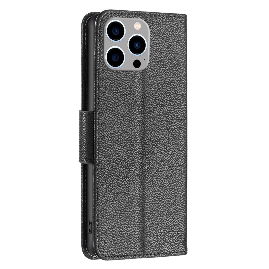 Uniqkart for iPhone 15 Pro Max Wallet PU Leather Case Litchi Texture Stand Anti-drop Phone Cover with Strap - Black