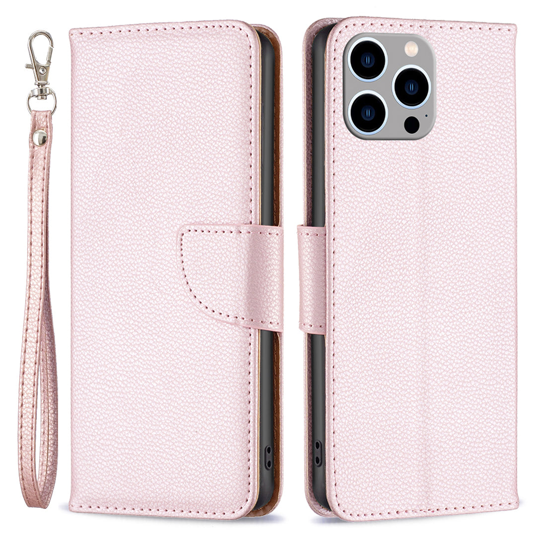 Uniqkart for iPhone 15 Pro Max Wallet PU Leather Case Litchi Texture Stand Anti-drop Phone Cover with Strap - Rose Gold