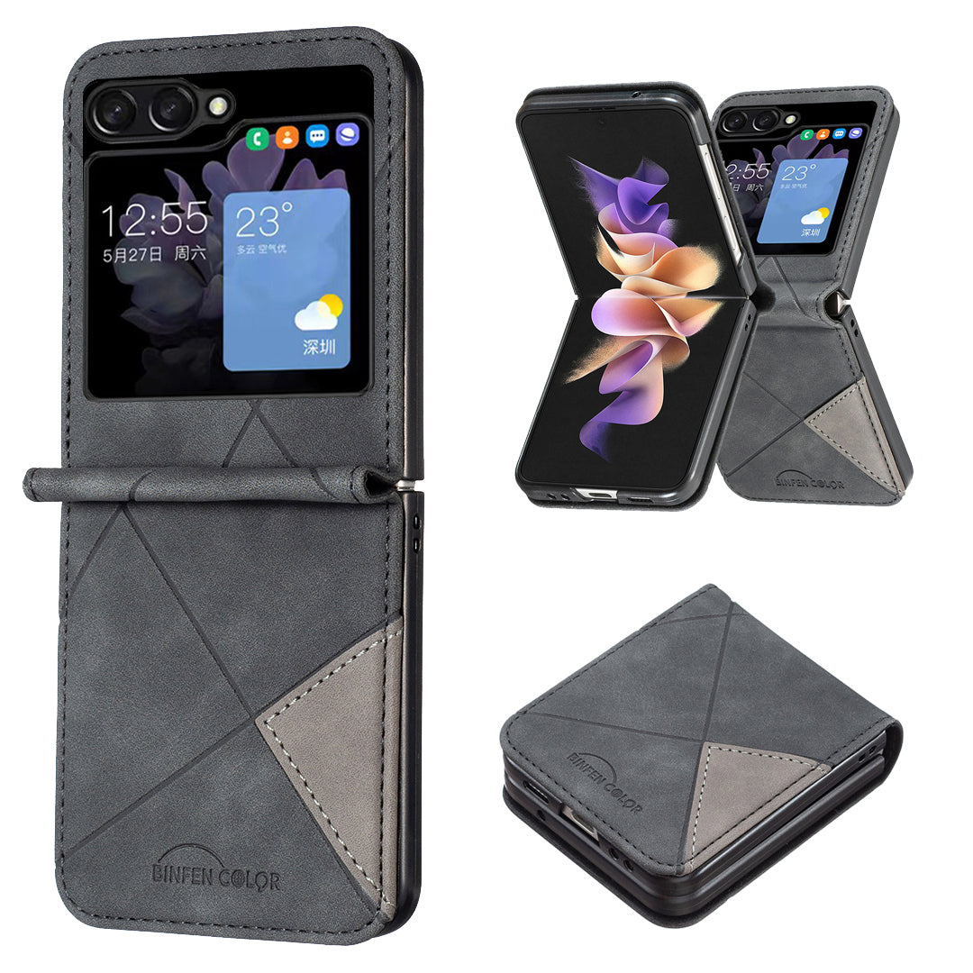 Binfen Color For Samsung Galaxy Z Flip5 5G Phone Case PU Leather+PC Imprinted Pattern Cover - Black