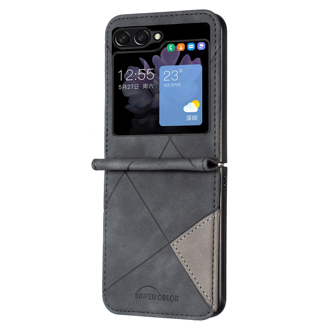 Binfen Color For Samsung Galaxy Z Flip5 5G Phone Case PU Leather+PC Imprinted Pattern Cover - Black