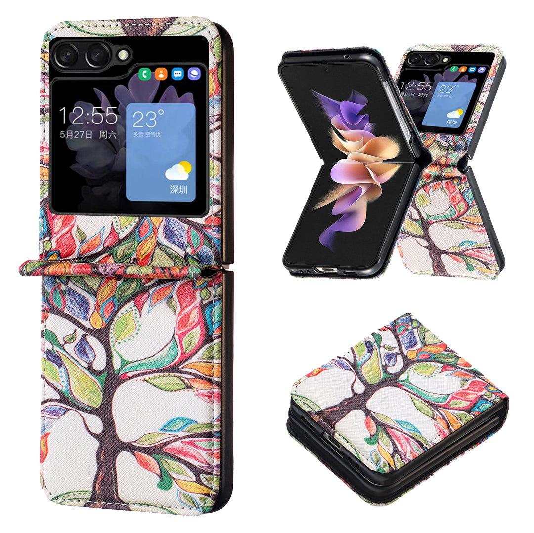 Uniqkart for Samsung Galaxy Z Flip5 5G PU Leather+PC Phone Case Pattern Printing Protective Cover - Life Tree