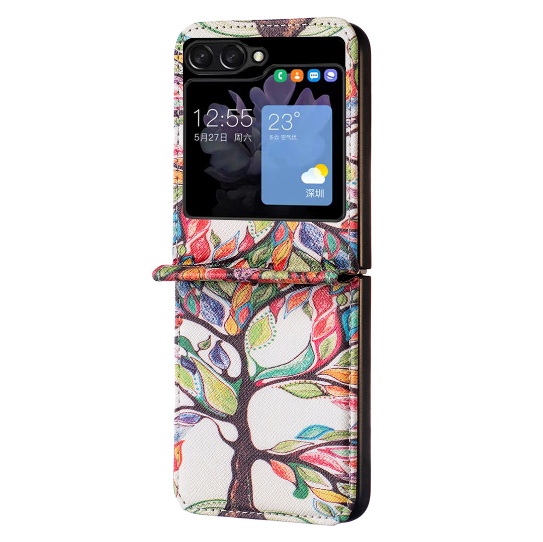 Uniqkart for Samsung Galaxy Z Flip5 5G PU Leather+PC Phone Case Pattern Printing Protective Cover - Life Tree