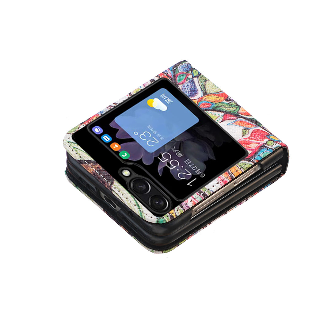 Uniqkart for Samsung Galaxy Z Flip5 5G PU Leather+PC Phone Case Pattern Printing Protective Cover - Life Tree
