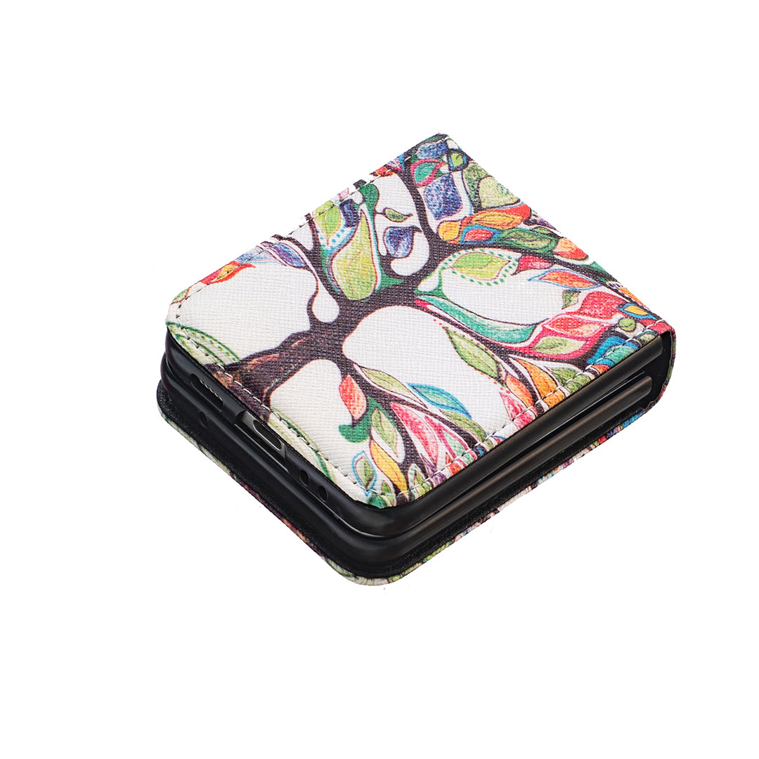 Uniqkart for Samsung Galaxy Z Flip5 5G PU Leather+PC Phone Case Pattern Printing Protective Cover - Life Tree