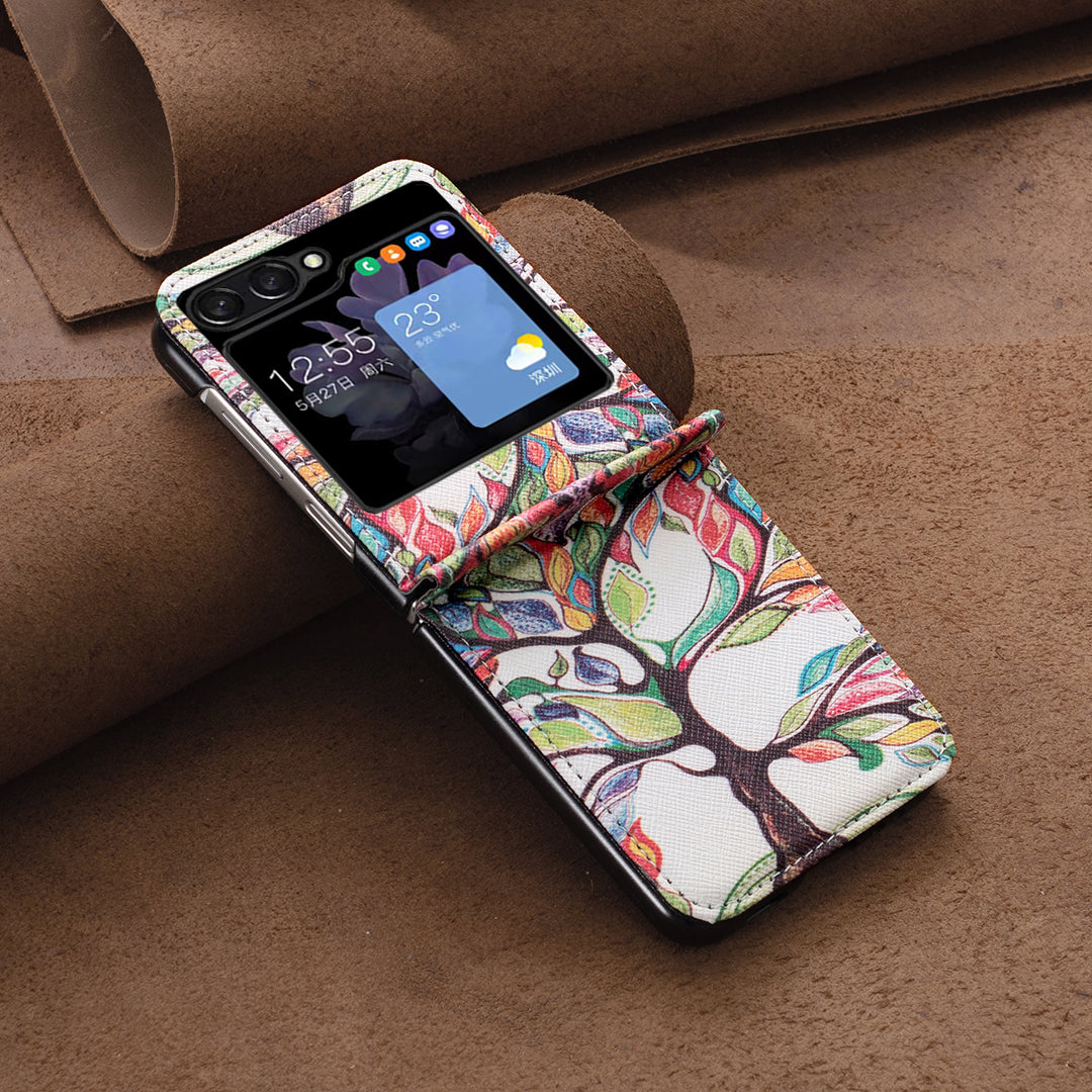 Uniqkart for Samsung Galaxy Z Flip5 5G PU Leather+PC Phone Case Pattern Printing Protective Cover - Life Tree