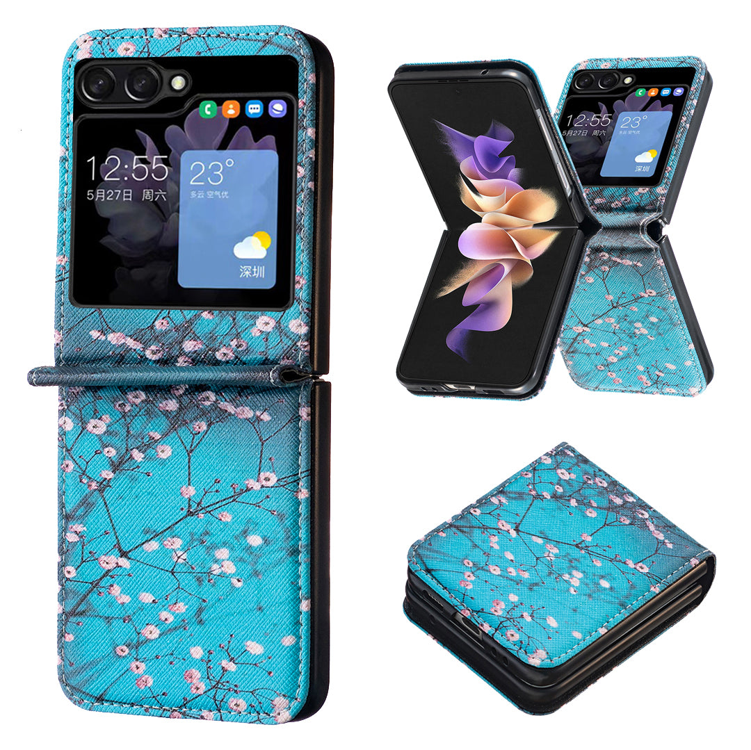 Uniqkart for Samsung Galaxy Z Flip5 5G PU Leather+PC Phone Case Pattern Printing Protective Cover - Plum Blossom