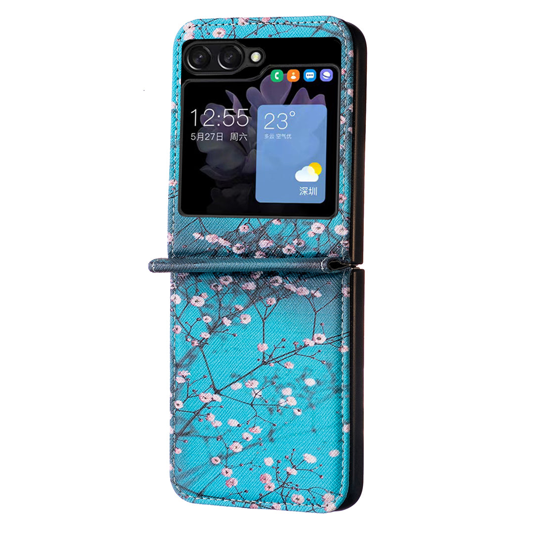 Uniqkart for Samsung Galaxy Z Flip5 5G PU Leather+PC Phone Case Pattern Printing Protective Cover - Plum Blossom