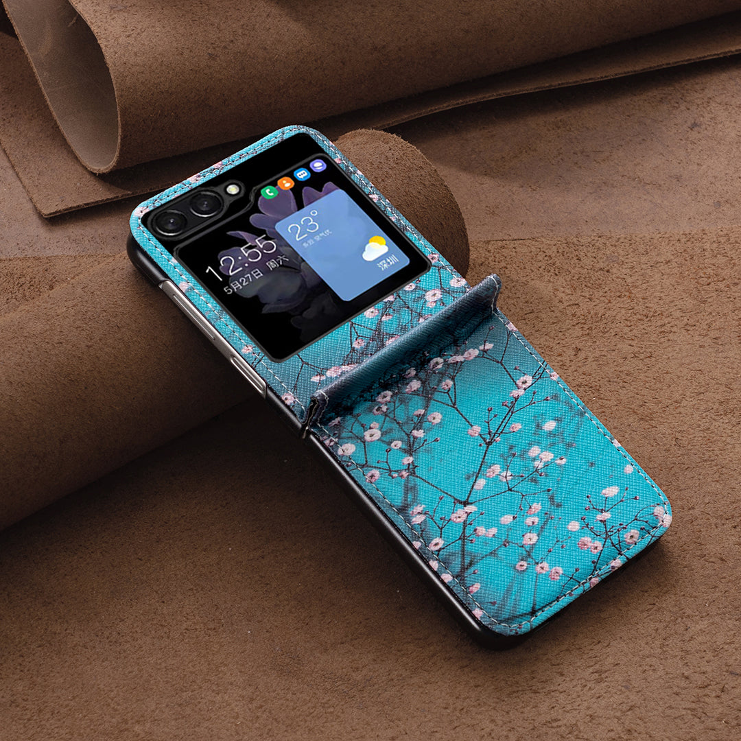 Uniqkart for Samsung Galaxy Z Flip5 5G PU Leather+PC Phone Case Pattern Printing Protective Cover - Plum Blossom