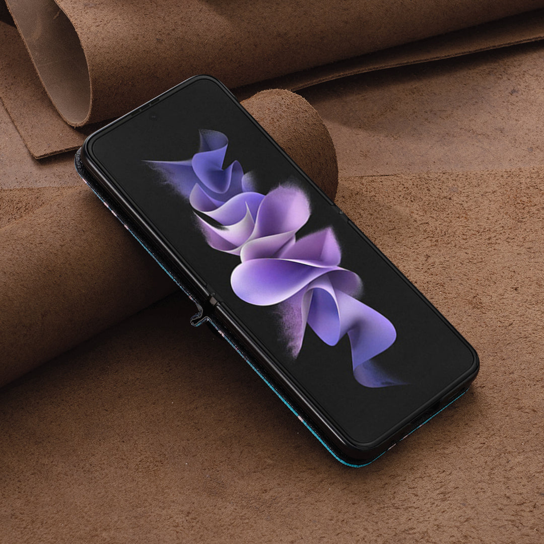 Uniqkart for Samsung Galaxy Z Flip5 5G PU Leather+PC Phone Case Pattern Printing Protective Cover - Plum Blossom