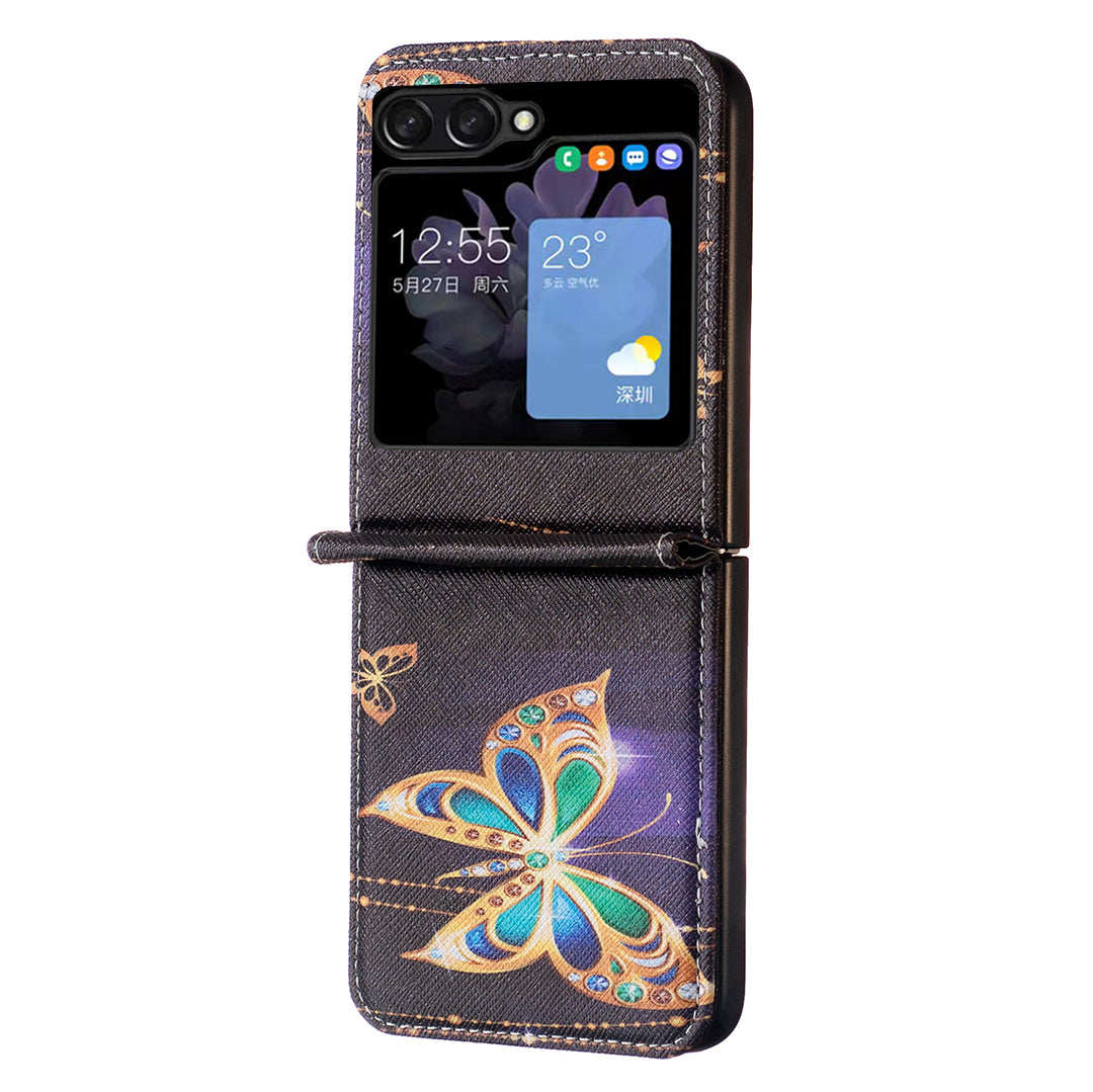 Uniqkart for Samsung Galaxy Z Flip5 5G PU Leather+PC Phone Case Pattern Printing Protective Cover - Jewelry Butterfly