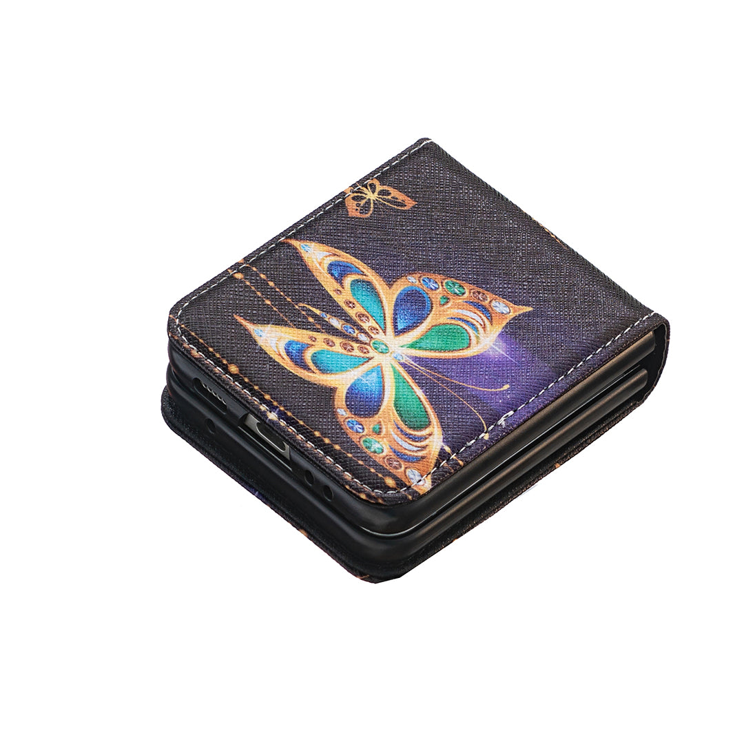 Uniqkart for Samsung Galaxy Z Flip5 5G PU Leather+PC Phone Case Pattern Printing Protective Cover - Jewelry Butterfly