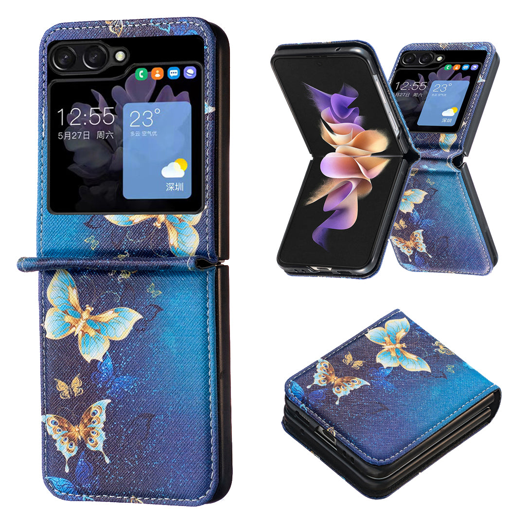 Uniqkart for Samsung Galaxy Z Flip5 5G PU Leather+PC Phone Case Pattern Printing Protective Cover - Golden Butterflies