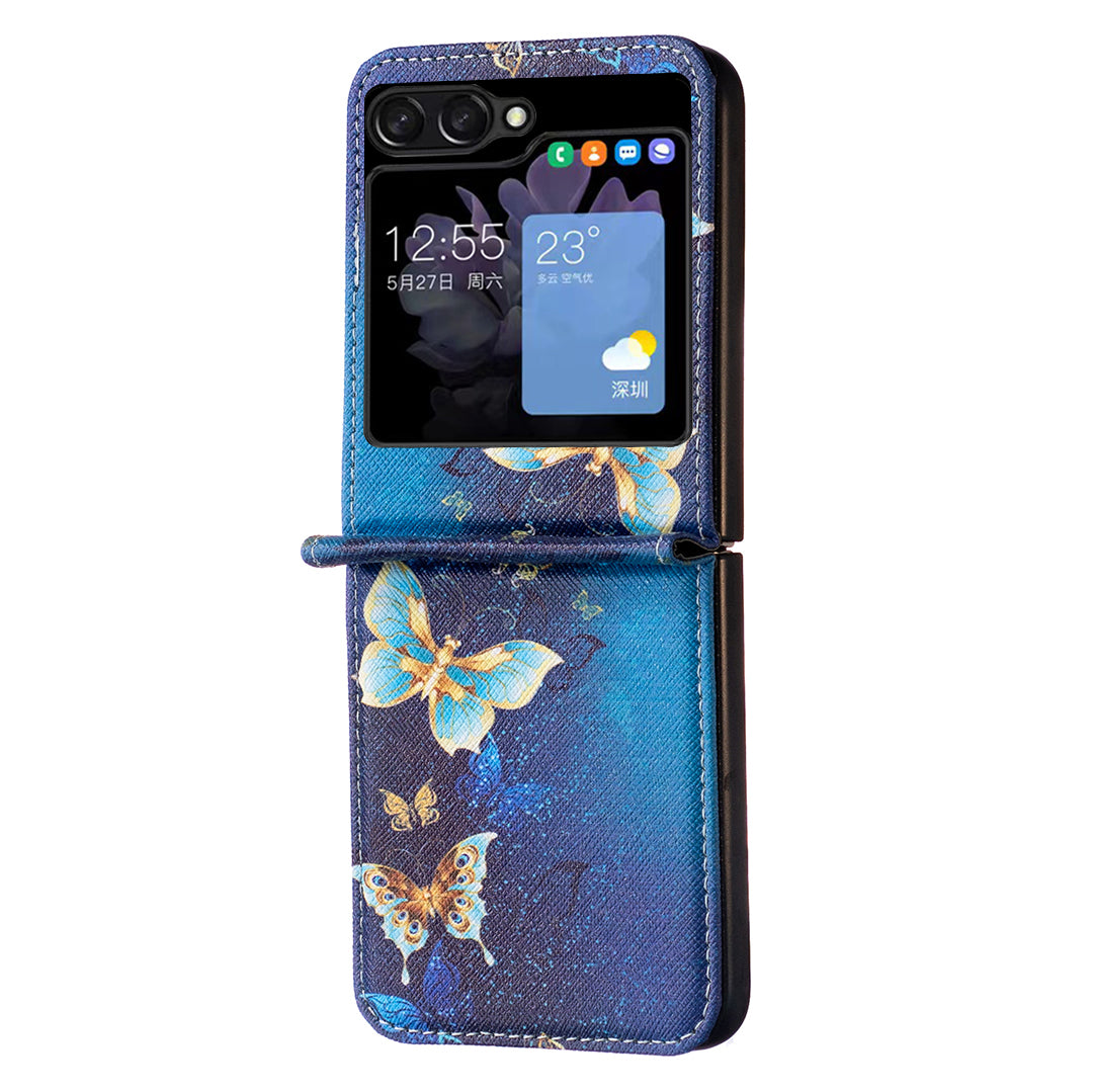 Uniqkart for Samsung Galaxy Z Flip5 5G PU Leather+PC Phone Case Pattern Printing Protective Cover - Golden Butterflies