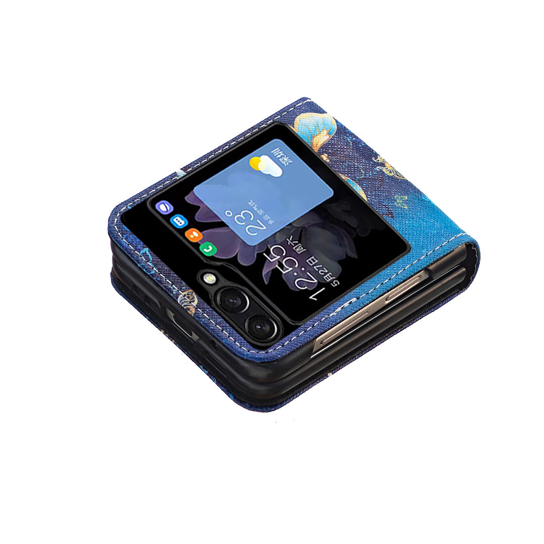 Uniqkart for Samsung Galaxy Z Flip5 5G PU Leather+PC Phone Case Pattern Printing Protective Cover - Golden Butterflies