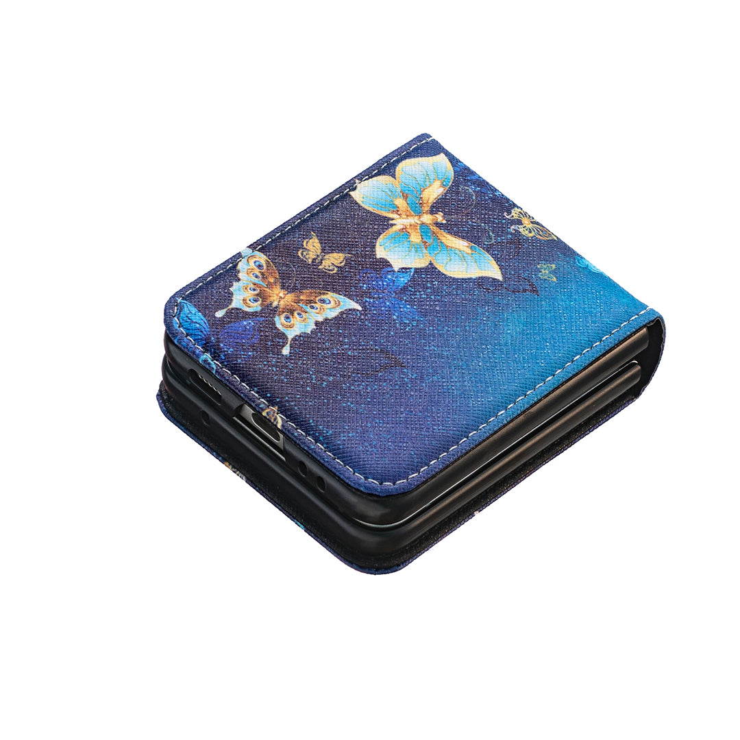 Uniqkart for Samsung Galaxy Z Flip5 5G PU Leather+PC Phone Case Pattern Printing Protective Cover - Golden Butterflies