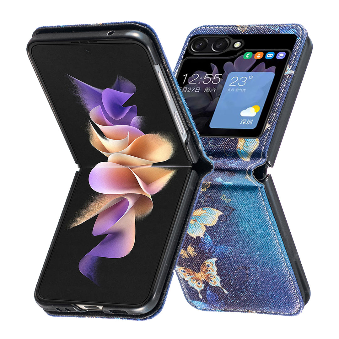Uniqkart for Samsung Galaxy Z Flip5 5G PU Leather+PC Phone Case Pattern Printing Protective Cover - Golden Butterflies